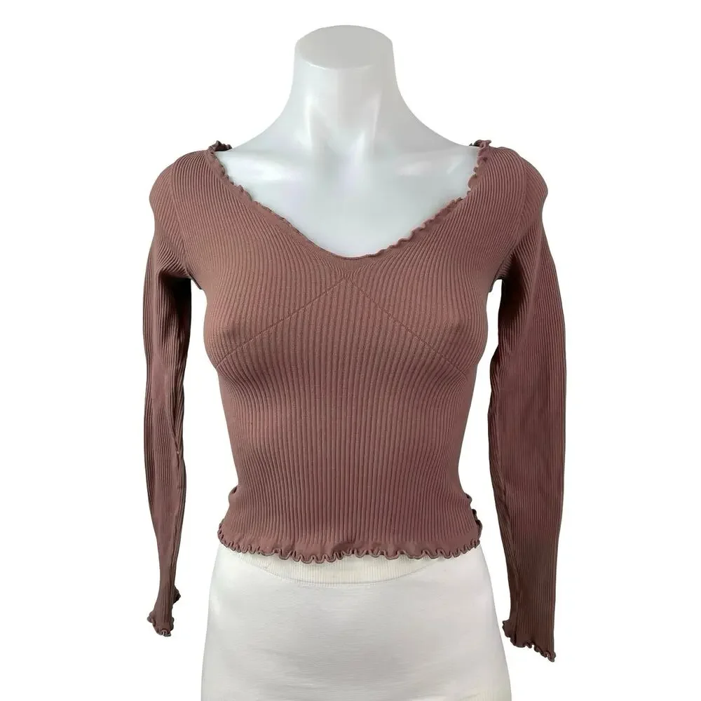 Free People FP Movement Nude Pink Lettuce Rib Knit Long Sleeve Crop Top Sz XS/S